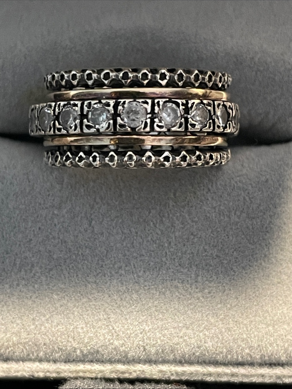 Sterling Silver CZ spinner Band Ring in Silver and 14k gold 2 thin bands